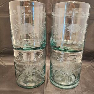 Zodax Set of 4 Etched Glass Rocks Tumblers Hand Blown Floral Starburst 4in